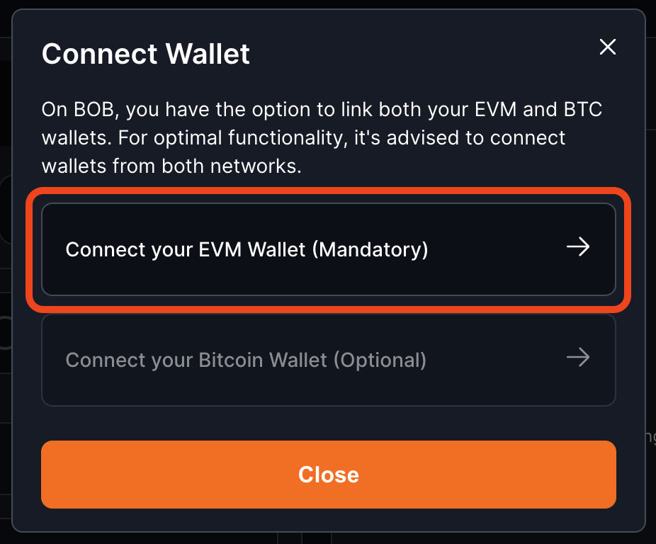 Click Connect your EVM Wallet